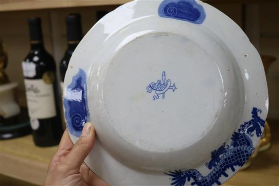 A Dutch Delft plate and two blue and white English dishes plate diameter 27cm